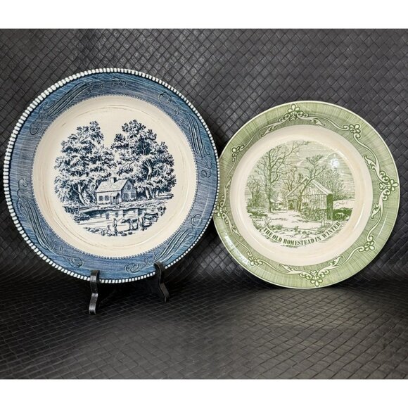 Old Homestead in Winter Pie Plate Royal China Green 10 Currier & Ives Blue Set 2 - Picture 1 of 10